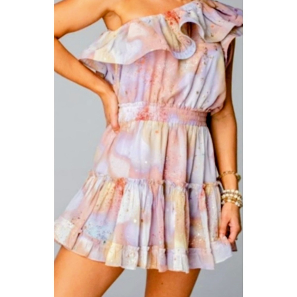 Buddy Love Sofia Taurus One Shoulder Ruffle Mini Dress Pastel Watercolor NWT